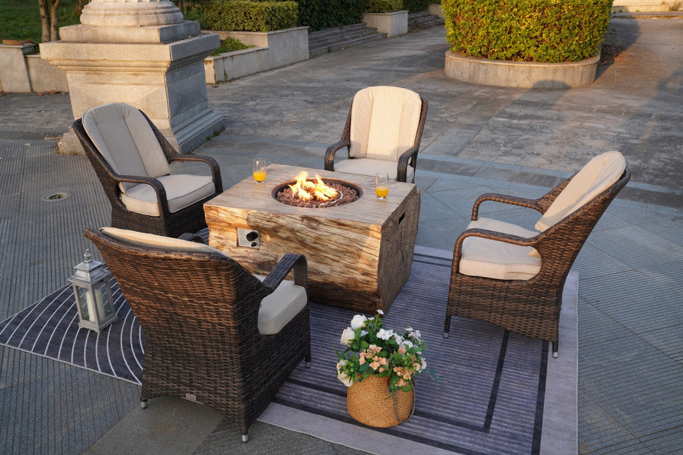 Patio Propane Fire Pit Table with Cushioned Wicker Chairs, Wood-1