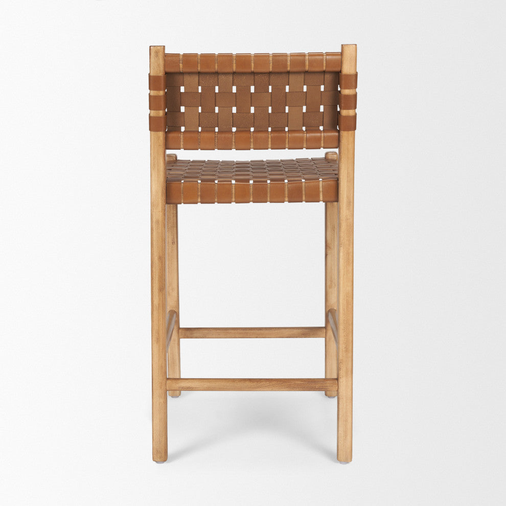 Shane Brown Wood With Woven Brown Leather Counter Stool