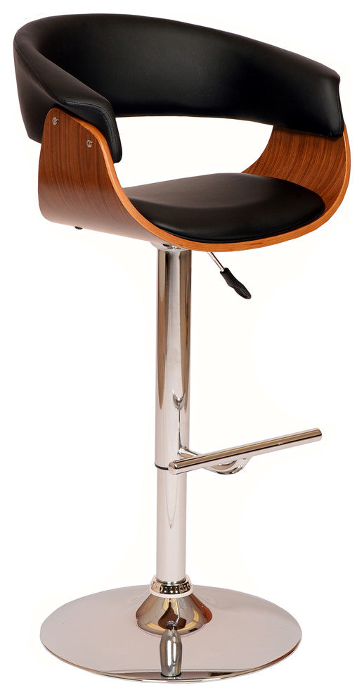 Deimer Swivel Barstool, Black PU/Walnut Veneer and Chrome Base