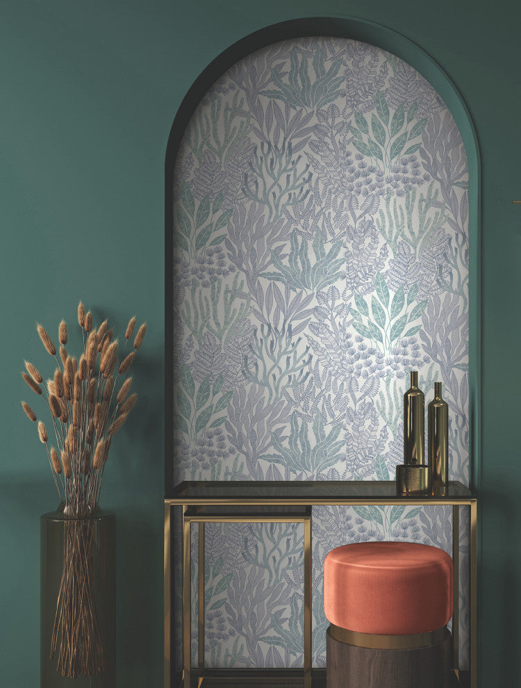 Coral Leaves Blue and Aqua Wallpaper