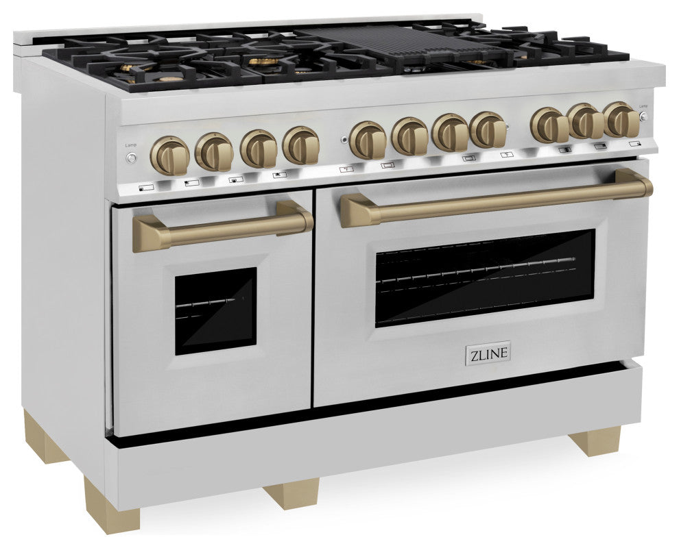 ZLINE 48" Dual Fuel Range, Stainless Steel With Champagne Bronze RAZ-48-CB