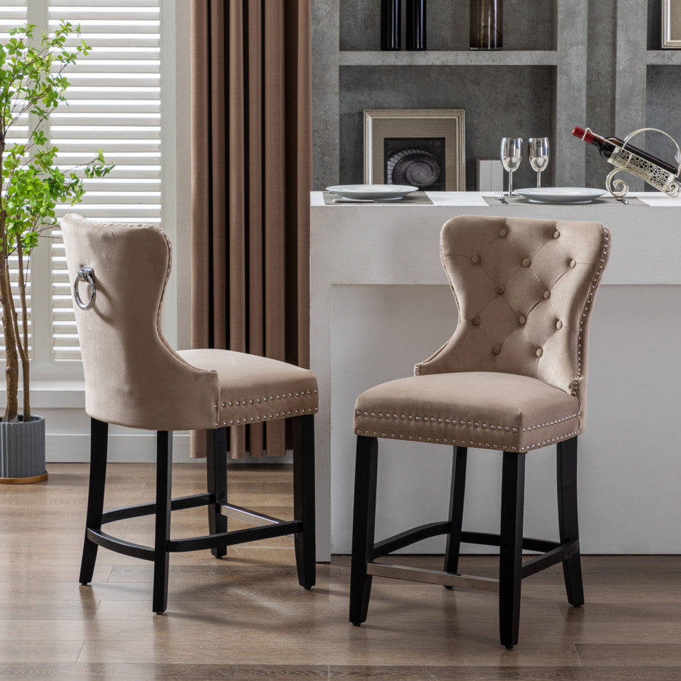WestinTrends 2PC 24" Tufted Wingback Velvet Counter Height Stool Set, Black, Velvet Taupe