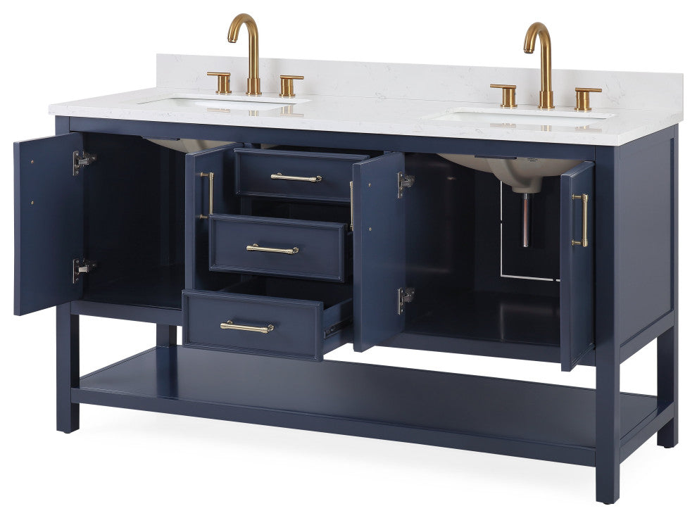 Tennant Brand Single Sink Vanity, Felton, Navy Blue, 60'', Fairy White Quartz