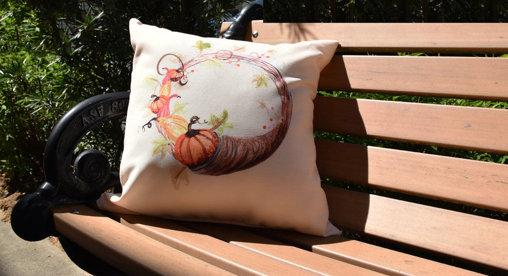 Cornicopia Wreath Fall Print Outdoor Decorative Throw Pillow, Light Yellow, 16"
