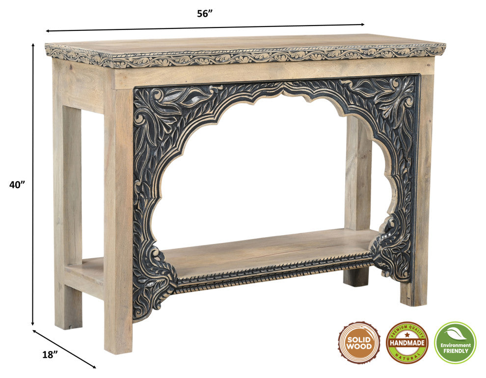 Sophia Carved Solid Wood Console Table, Beige/Black
