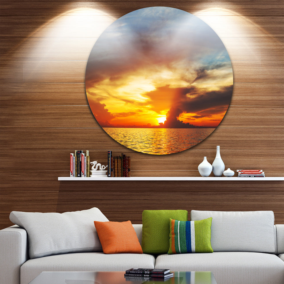 Fiery Sky At Sunset Over Sea, Modern Seashore Round Metal Wall Art, 23"