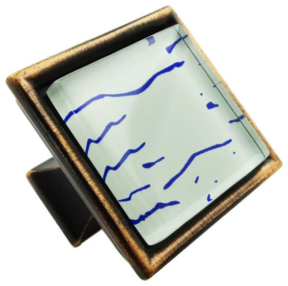 Hand Painted Abstract Blue Lines Crystal Glass Oil Rubbed Bronze Classic Knob