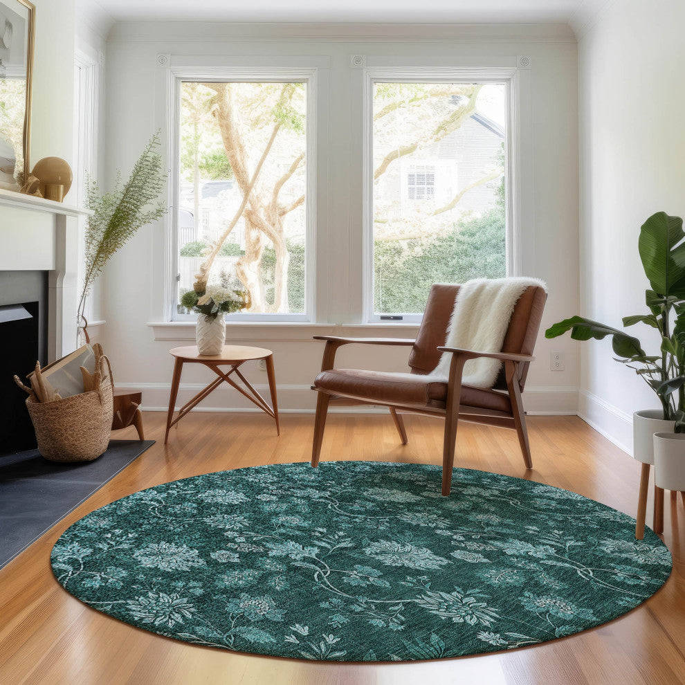 Premium Machine Washable Mayfield AMF680 Teal 8' x 8' Round Rug