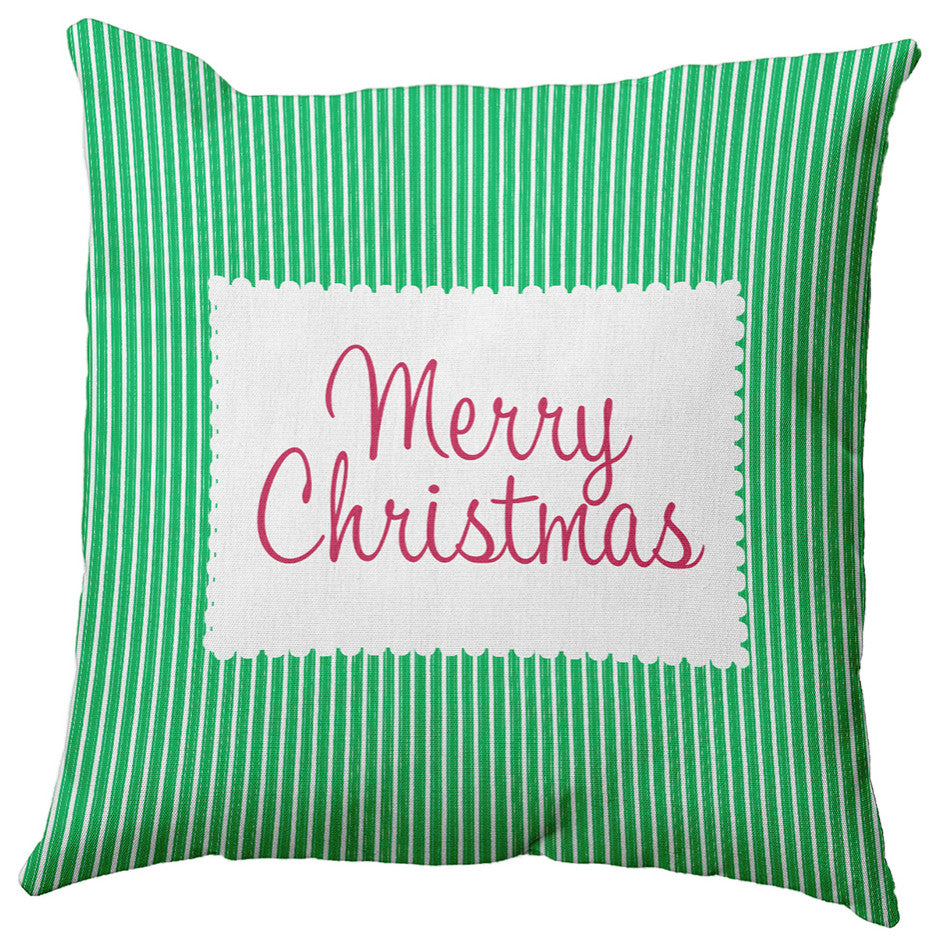 Merry Christmas Ticking Accent Pillow, Bright Green, 18"x18"