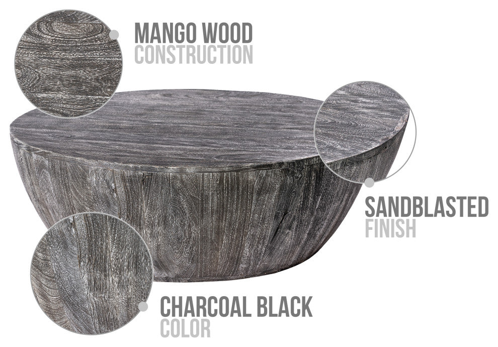 36" Coffee Table Mango Wood Round Drum Sandblasted Black Farmhouse Style
