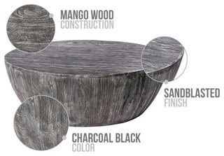 36" Coffee Table Mango Wood Round Drum Sandblasted Black Farmhouse Style