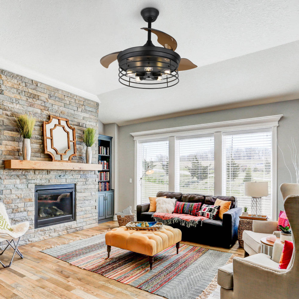 42" Black Industrial Retractable Ceiling Fan with Remote and Light Kit, Black