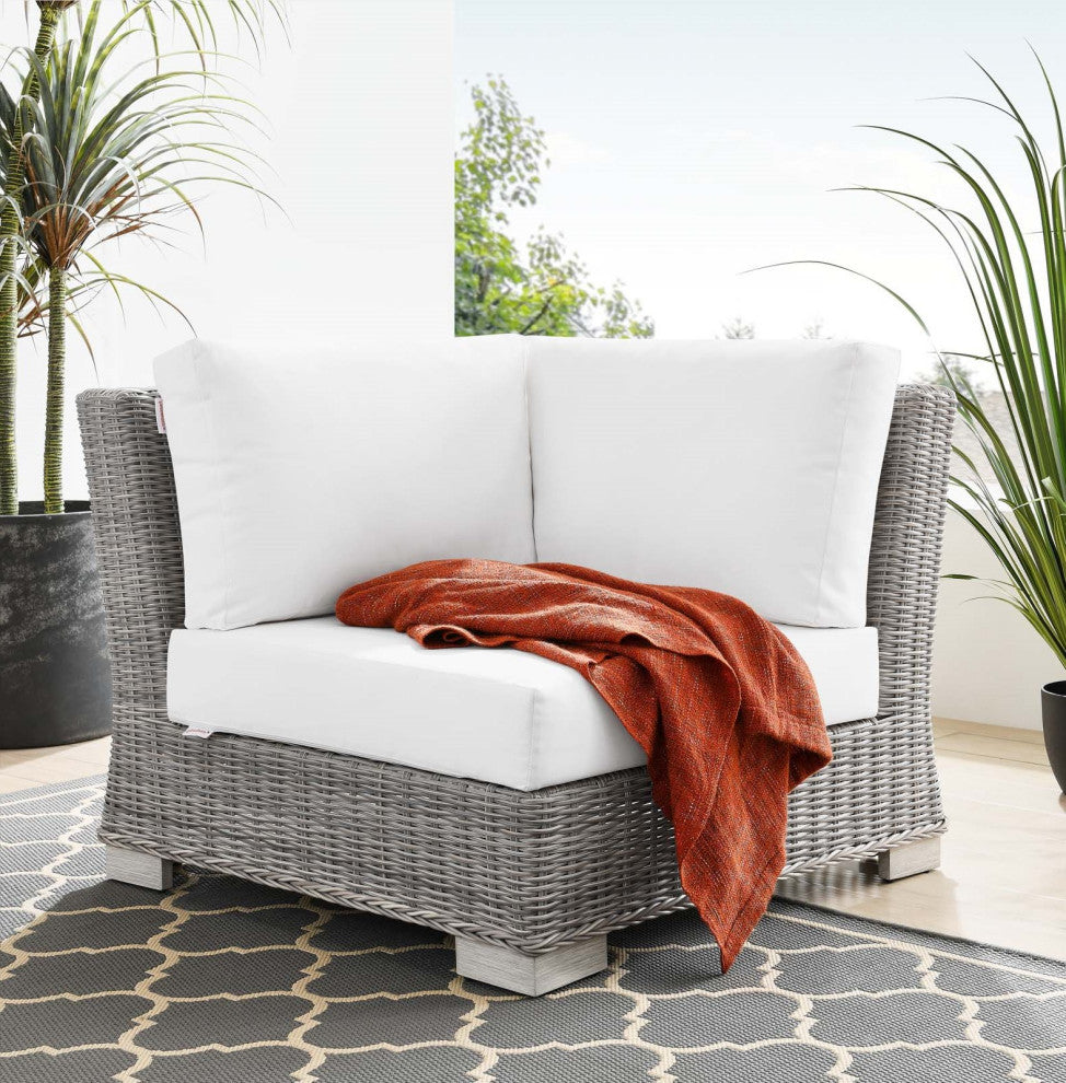 Sofa Corner Chair, Rattan, Wicker, Gray White, Modern, Outdoor Patio Cafe