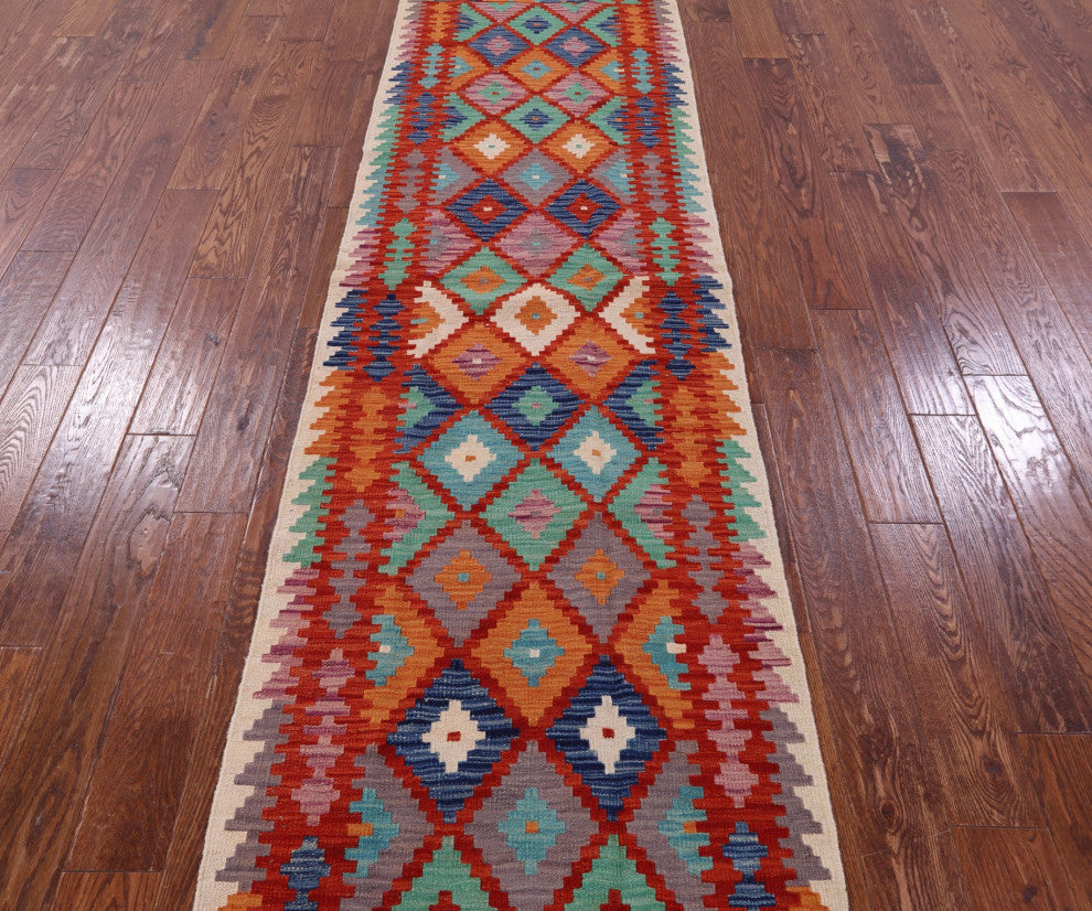 2' 8" X 9' 7" Runner Reversible Kilim Flat Weave Wool On Wool Rug - Q12561