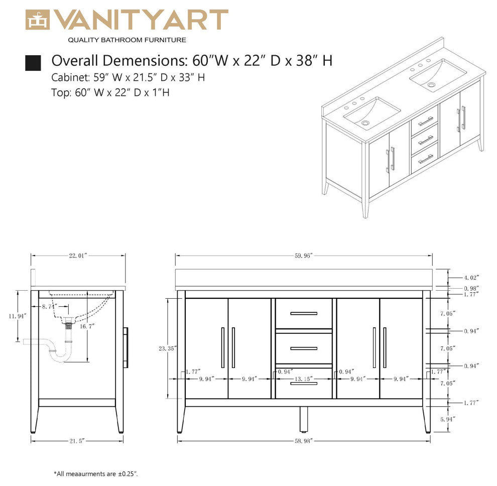 Vanity Art Bathroom Vanity With Sink, Driftwood Gray, 60", Double Sink, Matte Black