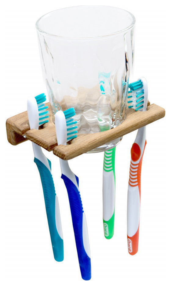 Traditional Solid Teak Wall Mount Glass and Toothbrush Holder