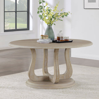 Round Wooden Dining Table With Curved Pedestal Base, White Washed