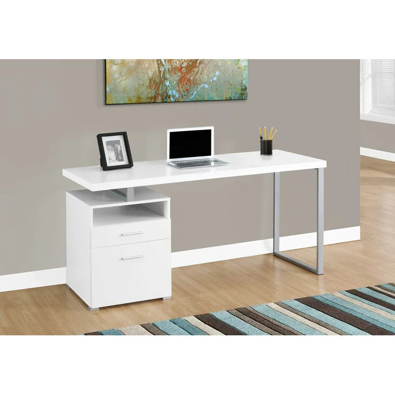 Modern Desk, Spacious Floating Worktop With Open Shelf & 2 Drawers, White