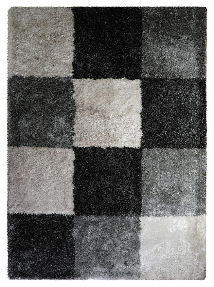 HAND TUFTED SHAG POLYESTER ECO-FRIENDLY AREA RUGS, Black Silver Color, Geometric