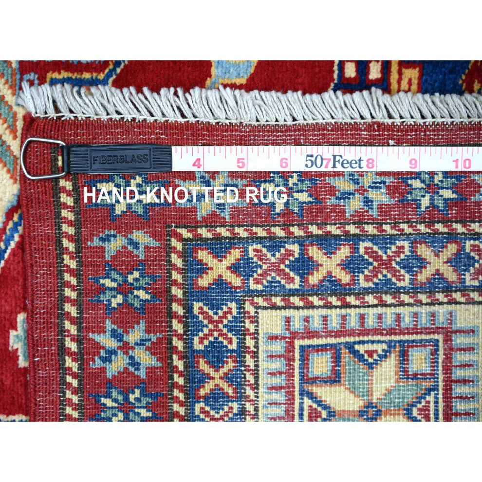 Scarlet Red Shirvan Weave Afghan Super Kazak Wool Hand Knotted Rug, 5'8"x8'1"