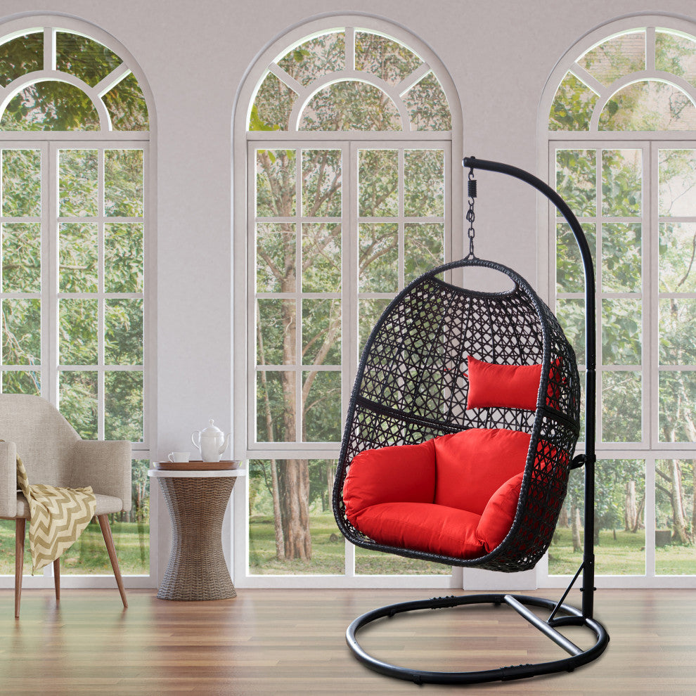 Outdoor Rattan Swing Chair Hanging Egg Chair With Cushion, Red
