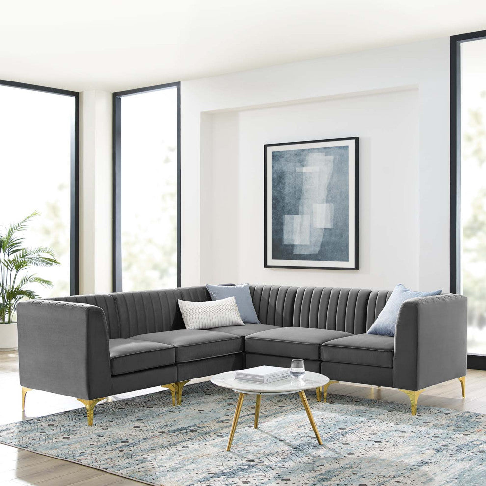 Tufted Sectional Sofa Set, Velvet, Gray, Modern, Living Lounge Hospitality