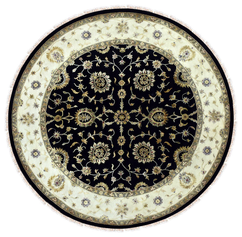 Black, Rajasthan, Wool and Silk, Hand Knotted, Round Rug, 10'0" x 10'2"