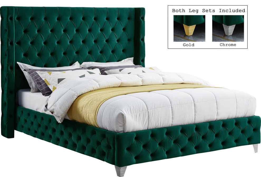 Savan Velvet Upholstered Bed, Green, Queen