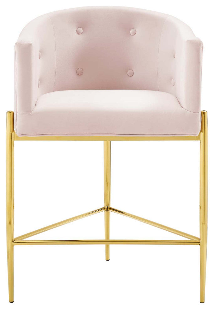 Tufted Counter Stool Chair, Velvet, Metal, Pink, Bar Pub Cafe Bistro Restaurant