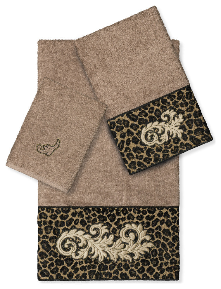 Linum Home Textiles Turkish Cotton April 3-Piece Embellished Towel Set, Latte