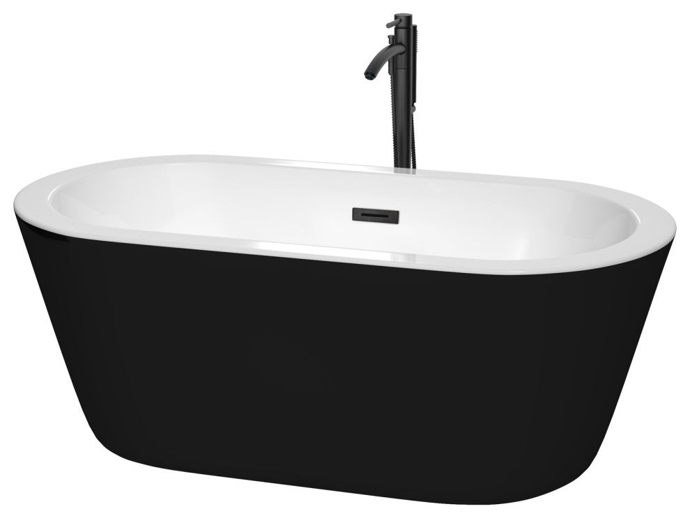 60"Freestanding Tub Black, WH Interior, Floor Mounted Faucet, Drain, Trim Black