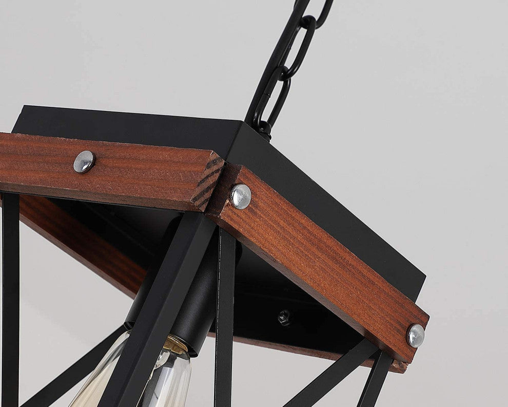 Farmhouse Square Wood Pendant Lighting for Kitchen Island Black Cage