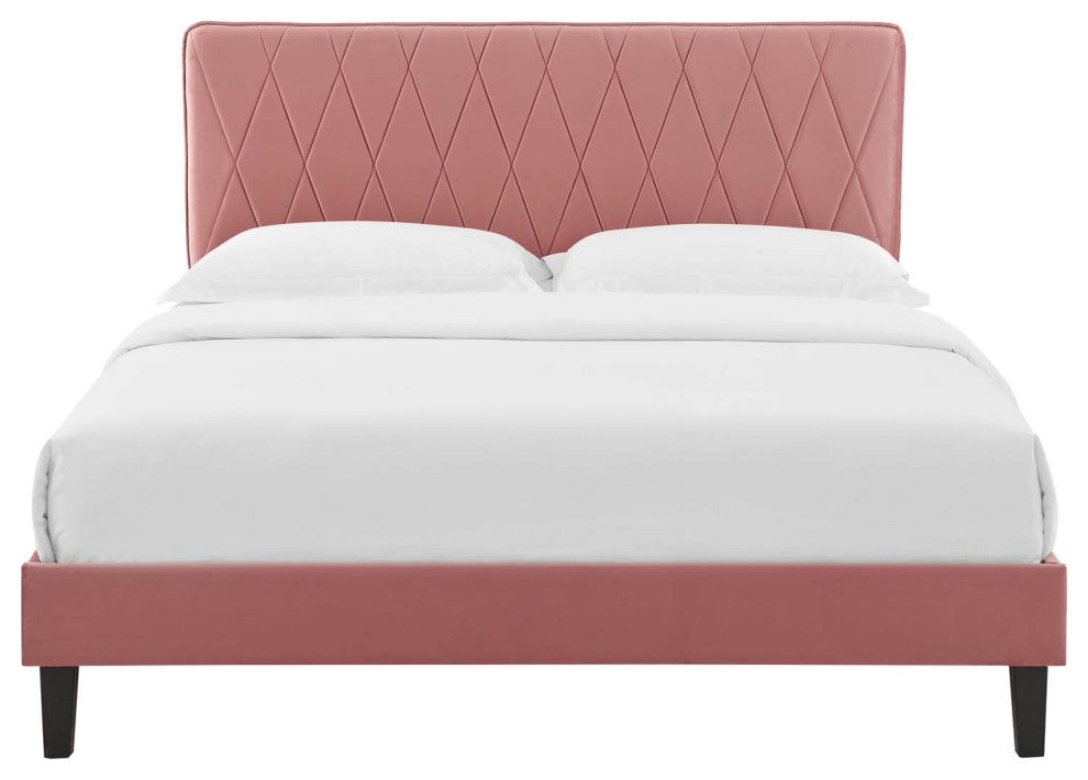 Platform Bed Frame, King Size, Velvet, Pink, Modern Contemporary, Bedroom Master