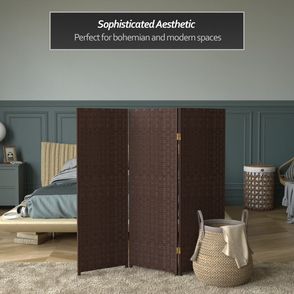 4' Tall Woven Fiber Room Divider, Dark Mocha, 3 Panel
