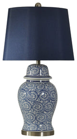 Chinese Blue Ginger Jar pan Steel Base Navy Fabric Drum Shade