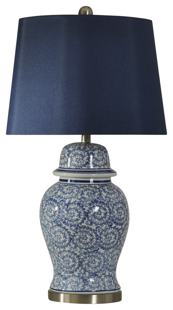 Chinese Blue Ginger Jar pan Steel Base Navy Fabric Drum Shade