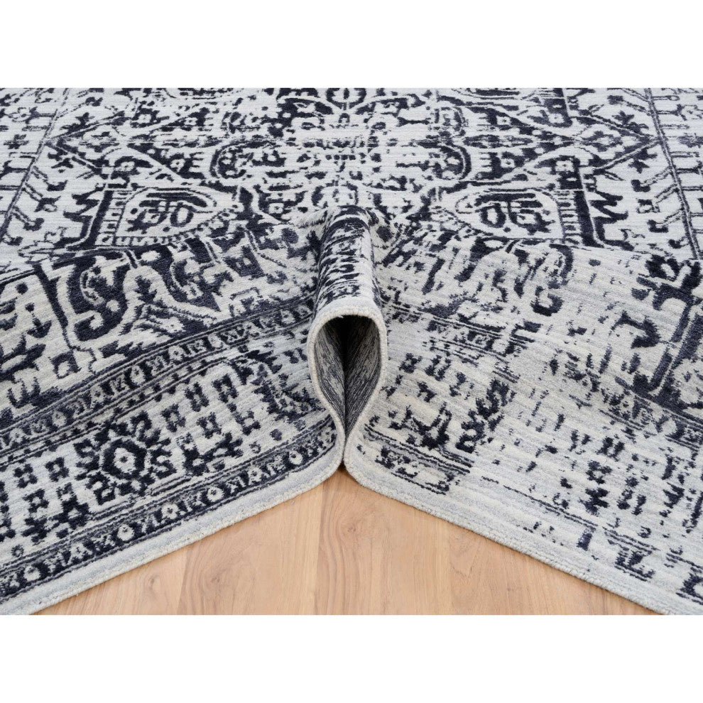 Black Erased Serapi Heriz Design Wool and Silk Hand Loomed Rug 9'0" x 11'10"