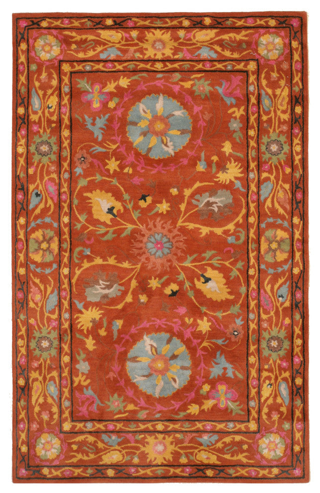 EORC Hand-tufted Wool Rust Traditional Floral Suzani Rug, Rectangular 5'x8'