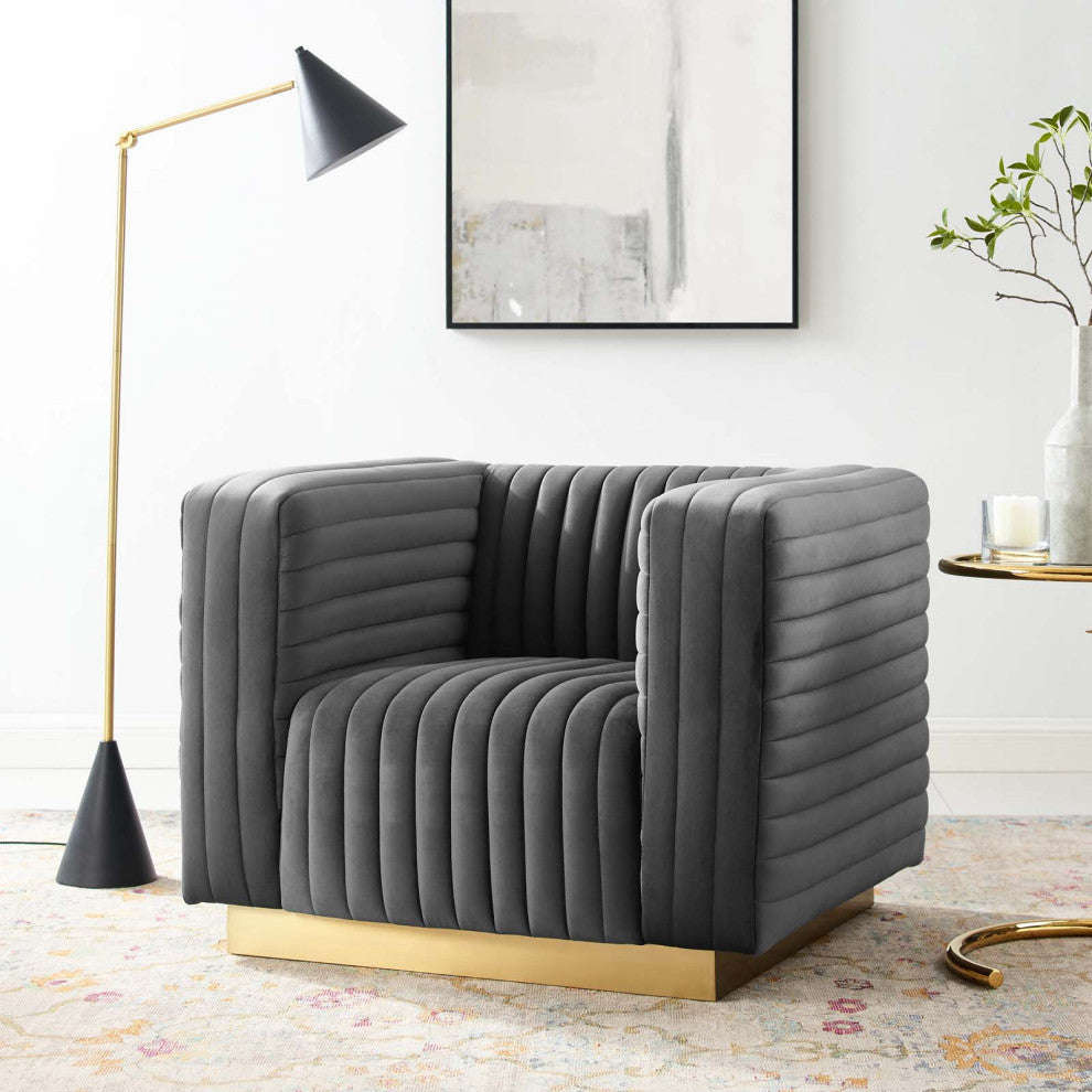 Tufted Armchair Accent Chair, Velvet, Dark Gray, Modern, Lounge Hospitality