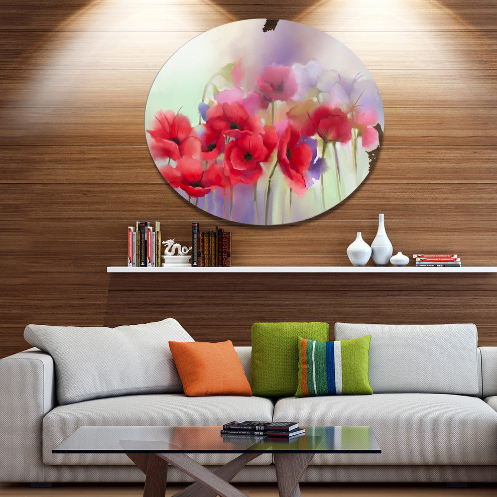 Watercolor Red Poppy Flowers Painting, Floral Round Metal Wall Art, 36"