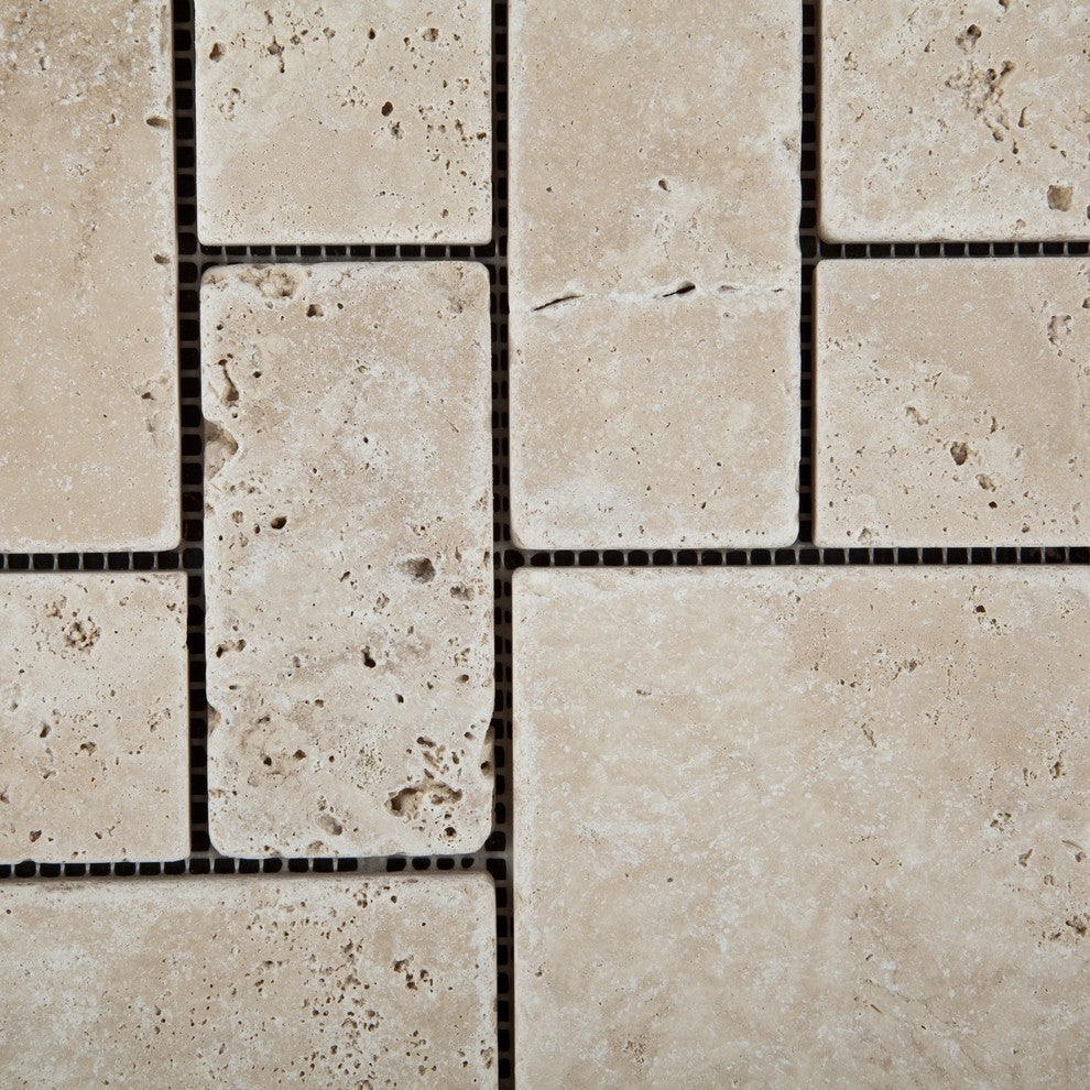 Ivory Travertine 3-Pieced Mini-Pattern Tumbled Mosaic Tile