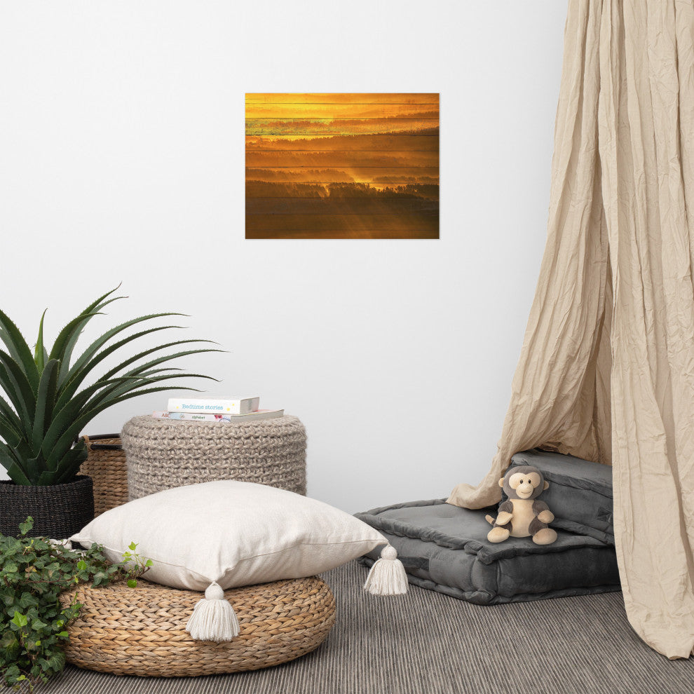 Faux Wood Golden Mist Valley - Hills & Mountain Range Wall Art Prints, 18" X 24"