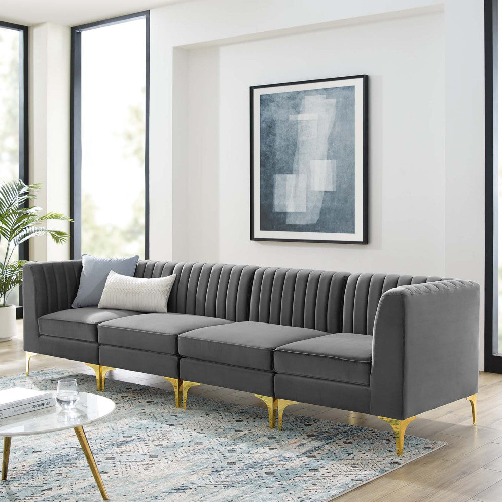 Tufted Sofa, Velvet, Gray, Modern, Living Lounge Hotel Lobby Hospitality