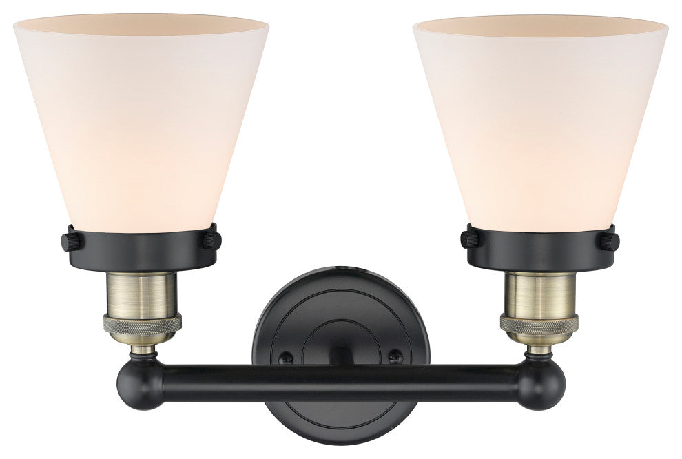 Edison Small Cone-2 Lt 16"Bath Vanity Lt-Black Antique Brass -Matte White Shade