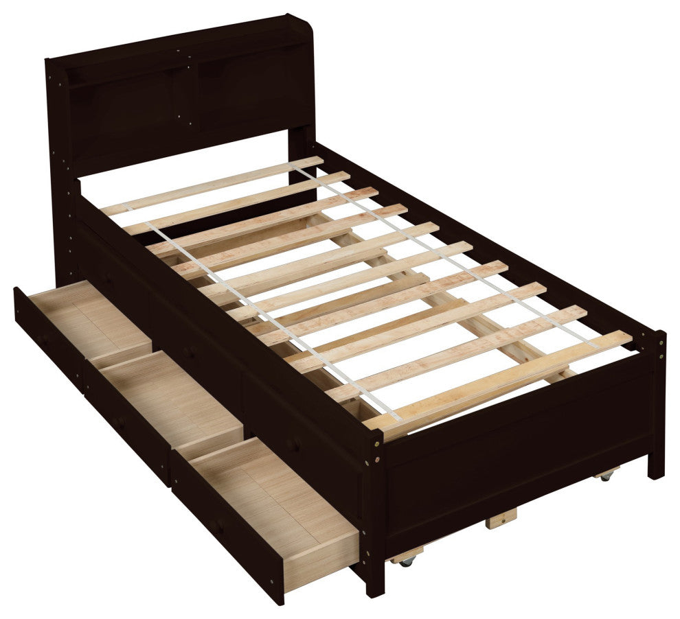 Full/Twin Wood Frame Platform Bed with Trundle and Drawers, Espresso, Twin