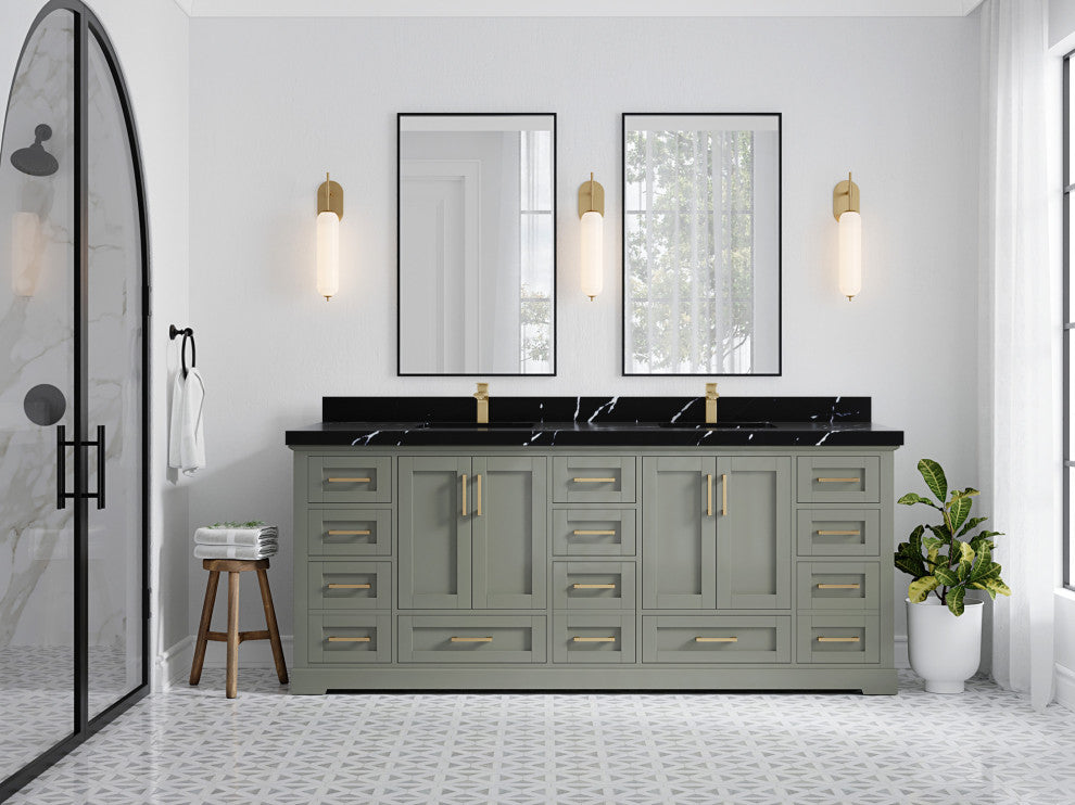 Boston 84 Double Sink Bath Vanity in Evergreen 2" Calacatta Black