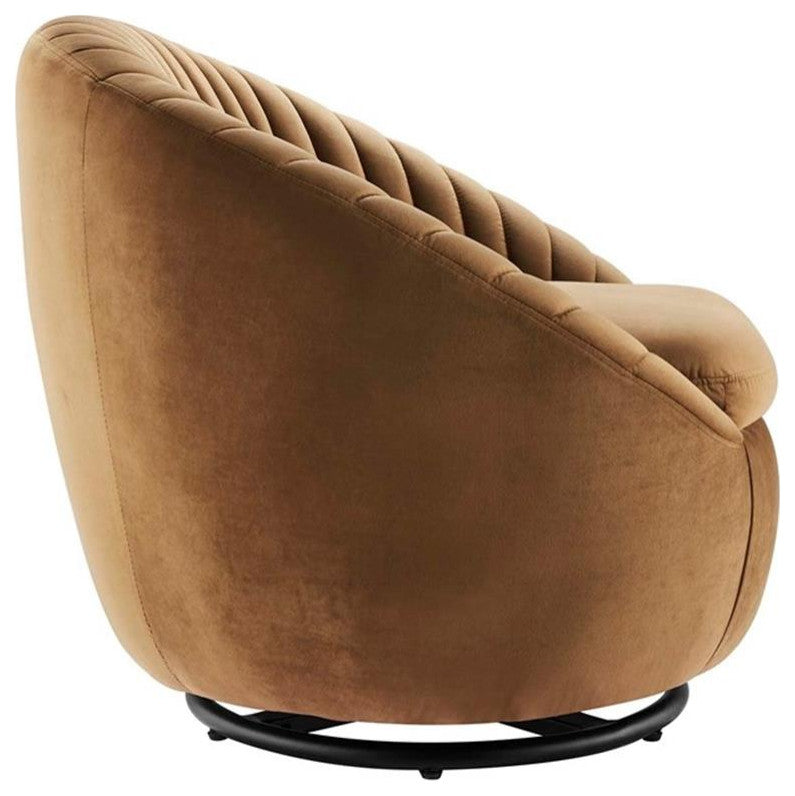 Whirr Tufted Performance Velvet Performance Velvet Swivel Chair, Black Cognac