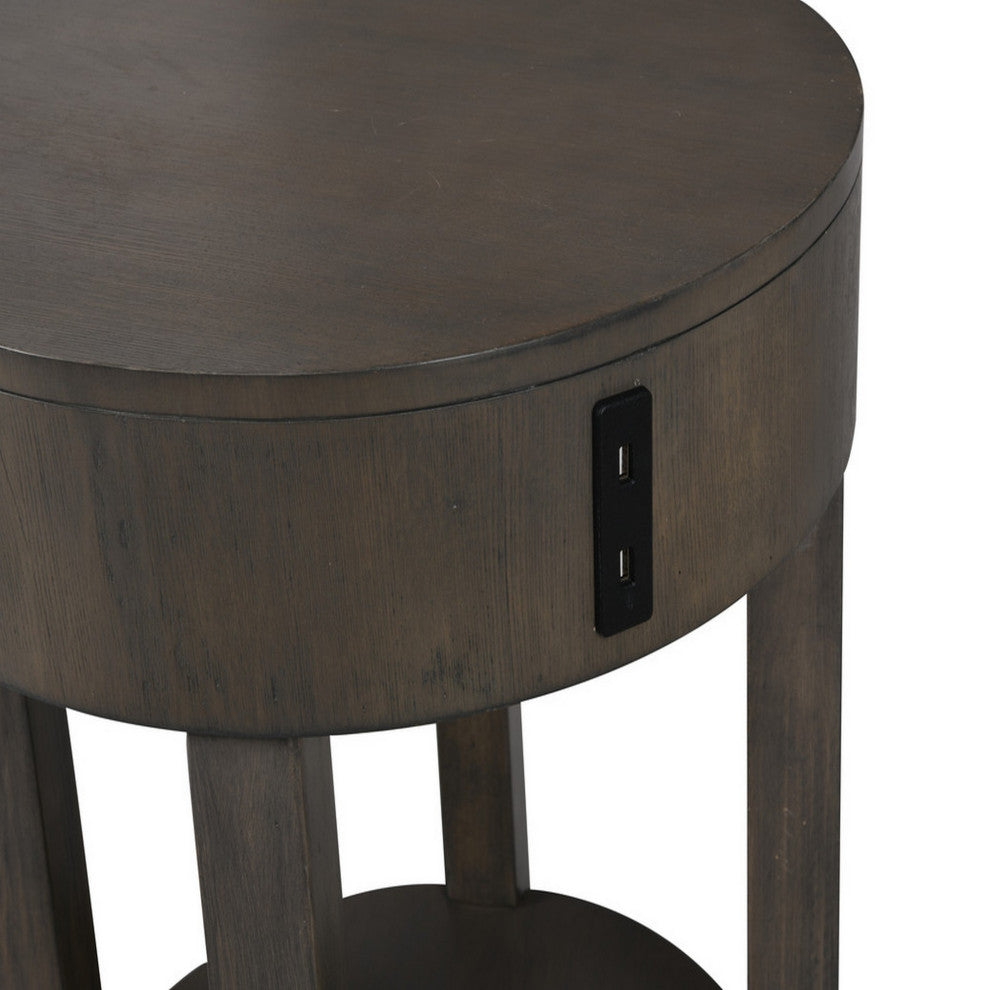 Benzara BM293167 Modern End Table With USB Ports and Shelf, Brown Wood