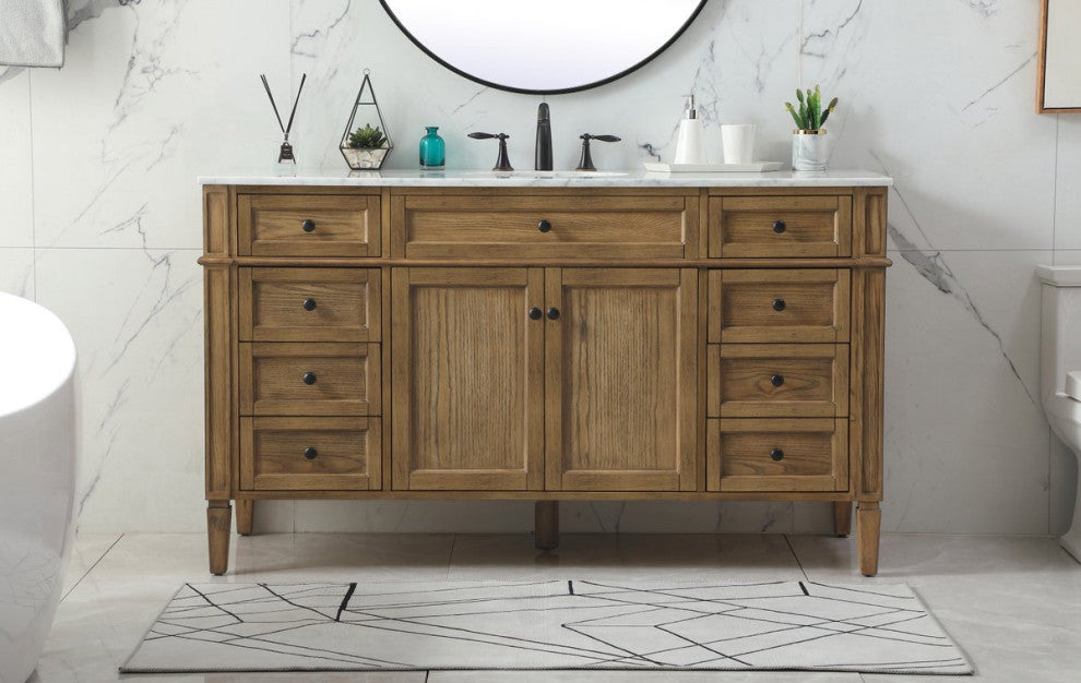 Home Living Vanity with Carrara White Marble Countertop, Driftwood, 60", Single Sink