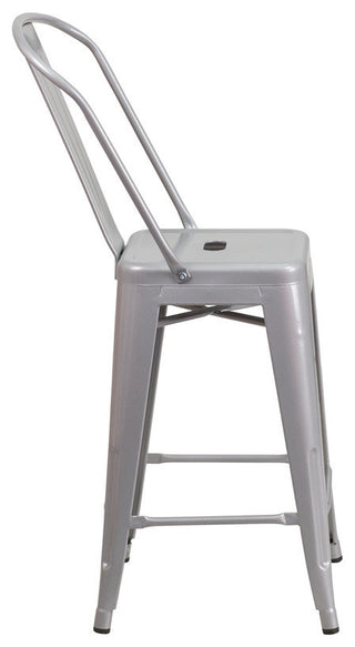 24" High Silver Metal Indoor-Outdoor Counter Stool With Back